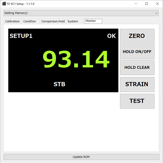 Indicated value, comparison judgment (LO / OK / HI / FULL), hold value, and static strain